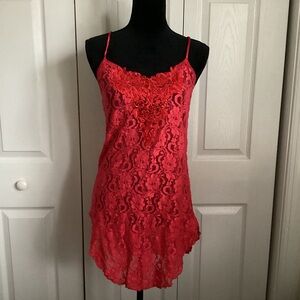 Etonne By Sarah Richards Slip Dress Womens S Red Lace Floral Beaded Fairy Sexy